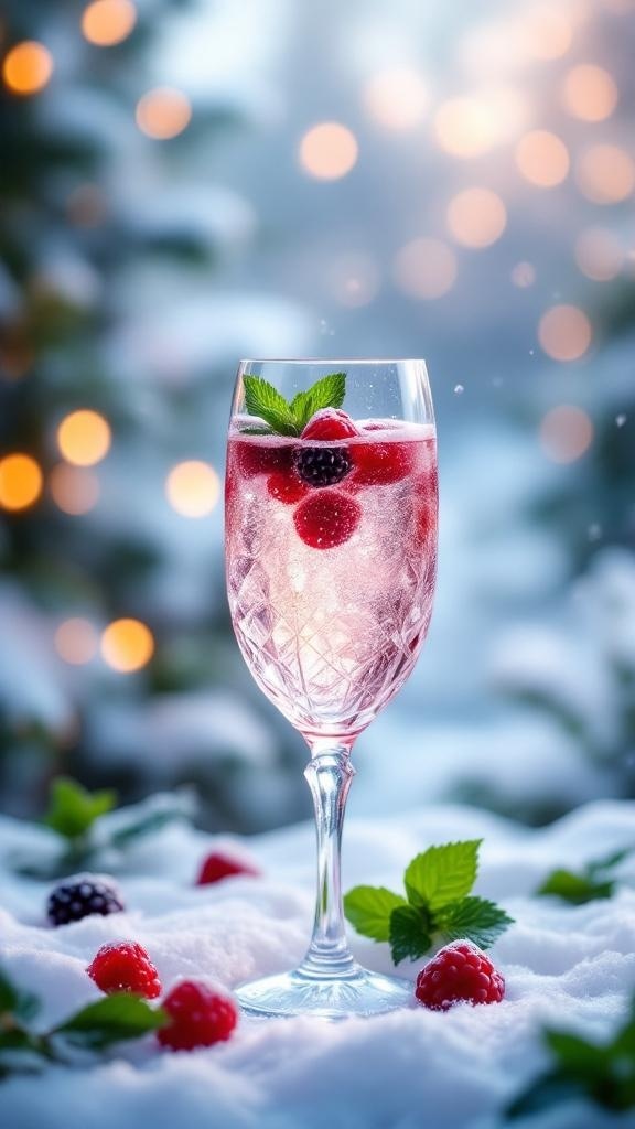 A refreshing Winter Berry Spritzer mocktail with raspberries and blackberries, garnished with mint, set against a snowy background.