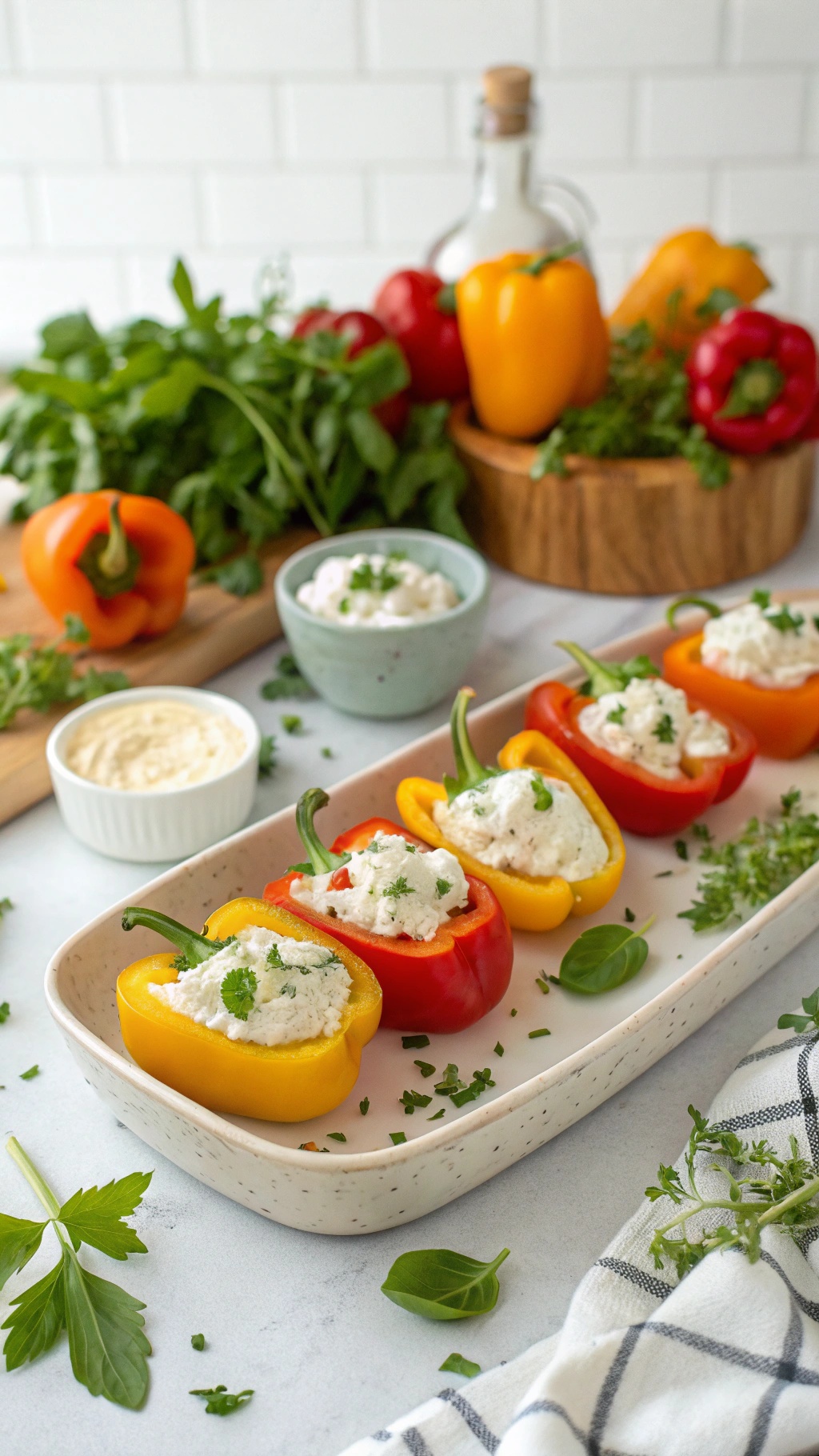 Mini bell peppers stuffed with cream cheese and herbs on a plate, surrounded by fresh ingredients.
