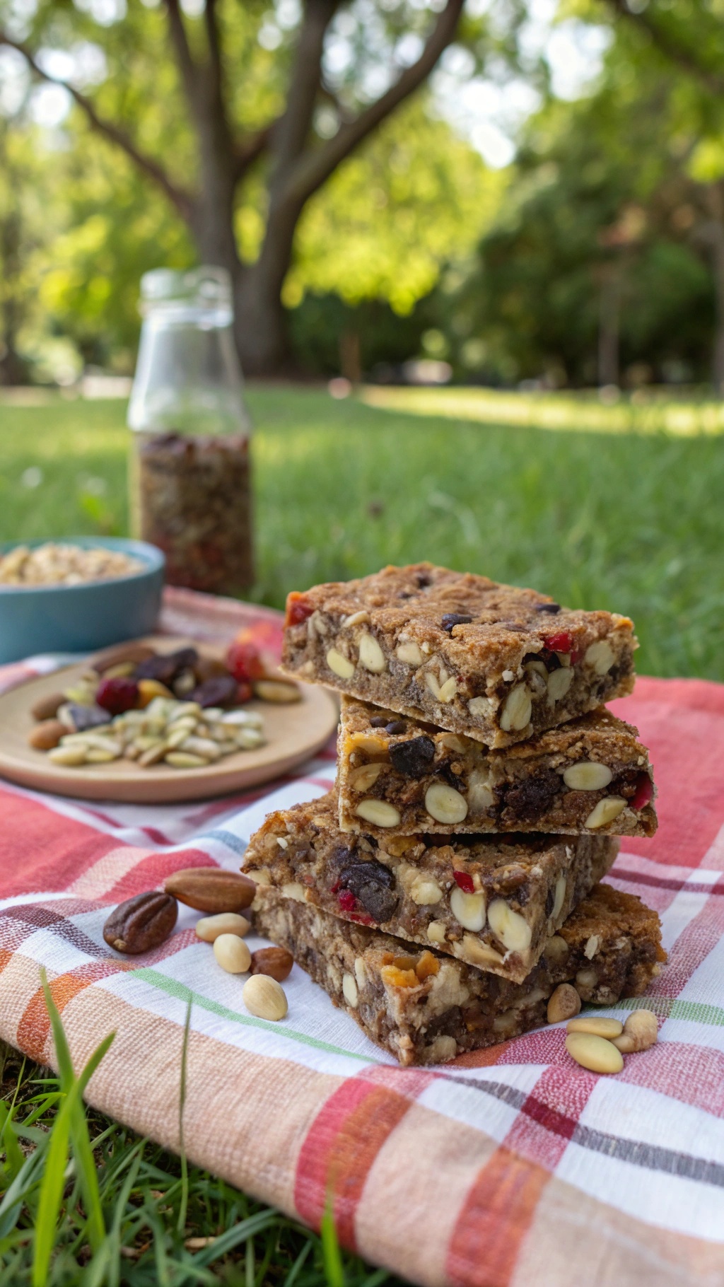 A stack of trail mix bars on a picnic blanket surrounded by nuts and a bowl of granola.