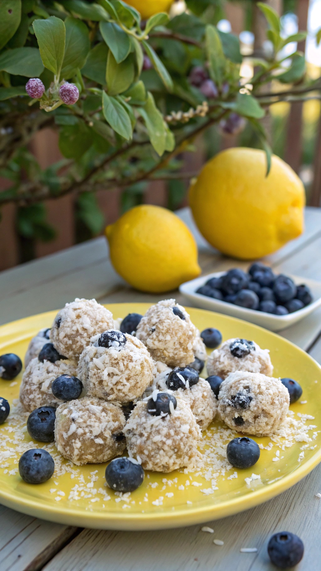 A plate of lemon blueberry energy bites surrounded by fresh blueberries and lemons.