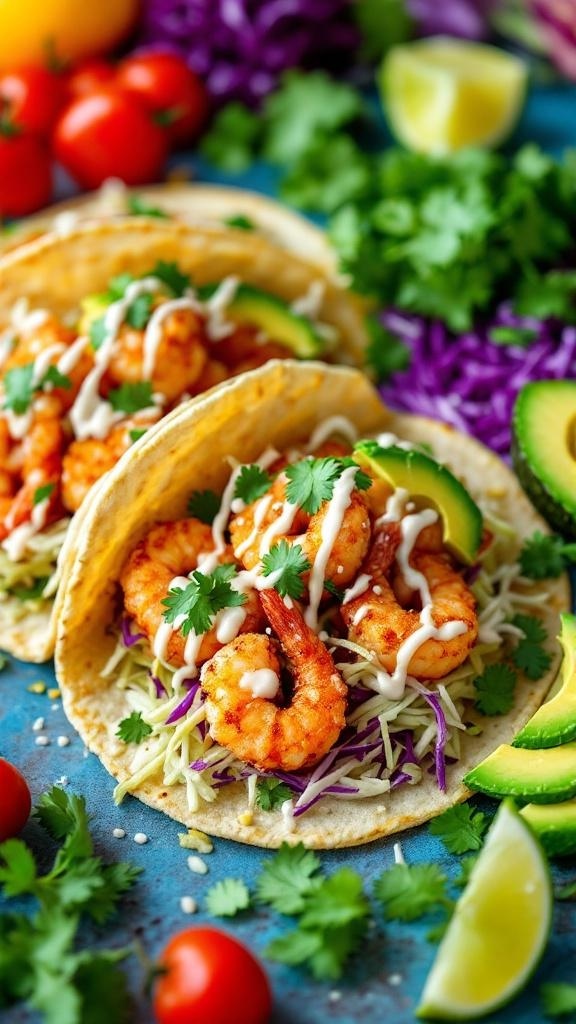 Zesty air fryer shrimp tacos with avocado, cabbage, and lime.