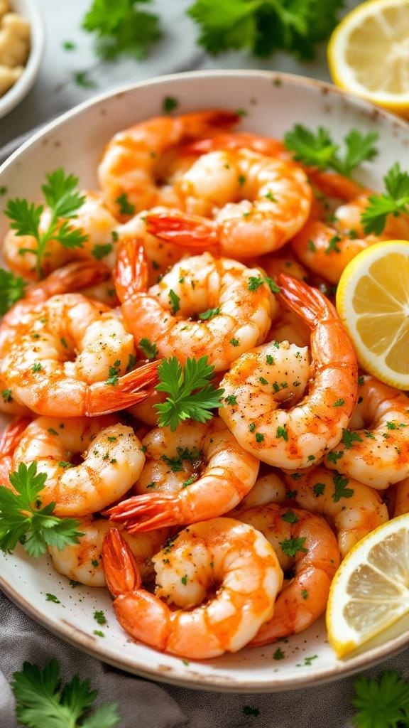 A plate of zesty air fryer shrimp garnished with parsley and lemon slices.