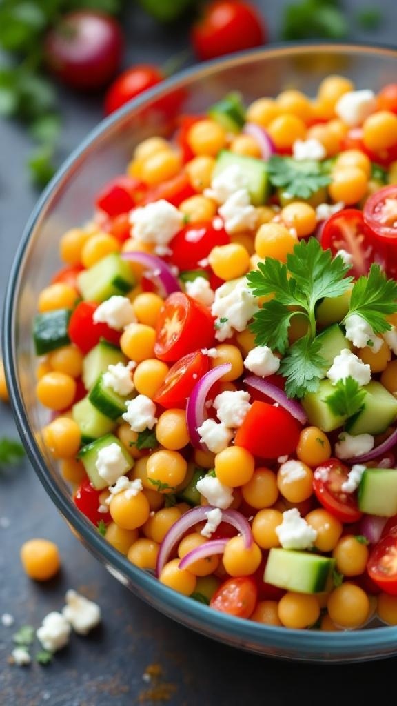 A colorful Mediterranean Chickpea Salad with tomatoes, cucumbers, feta cheese, and herbs in a glass bowl.