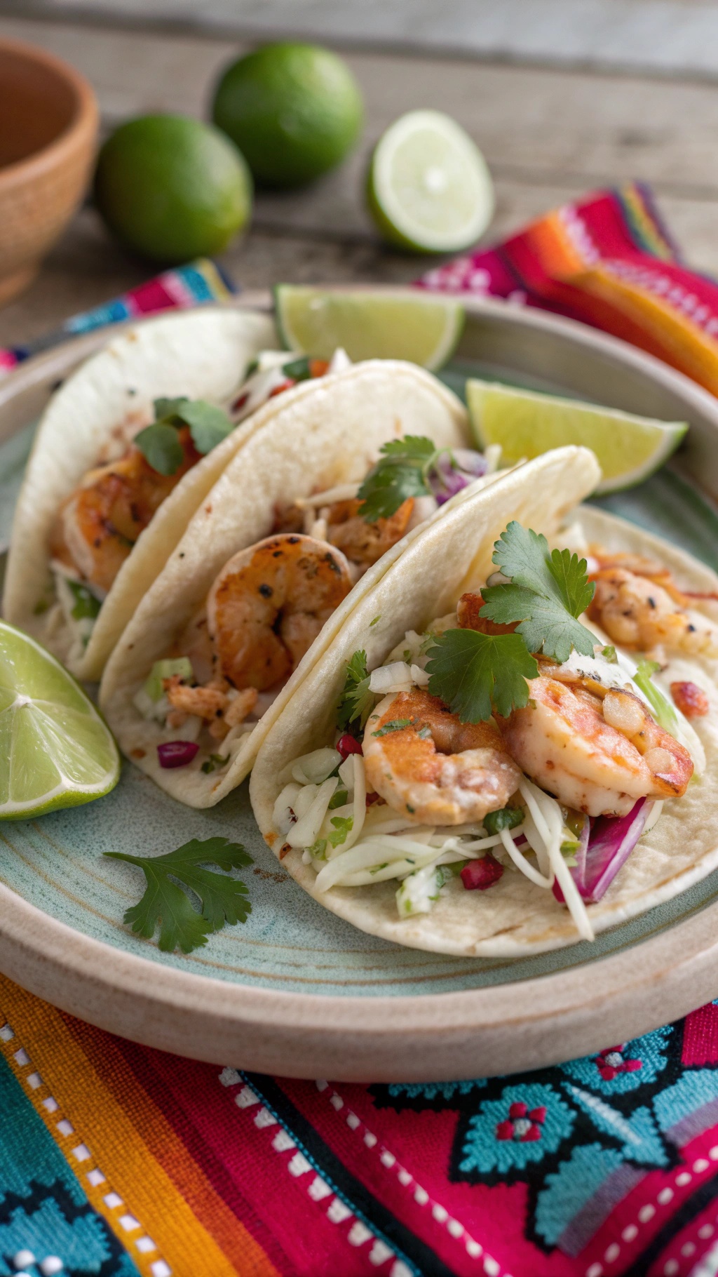 Shrimp tacos with lime-cilantro slaw on a colorful plate