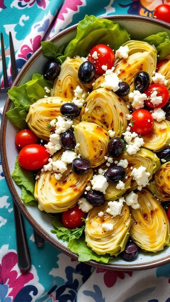 A colorful zesty artichoke salad with feta cheese and olives, served on a bed of greens.