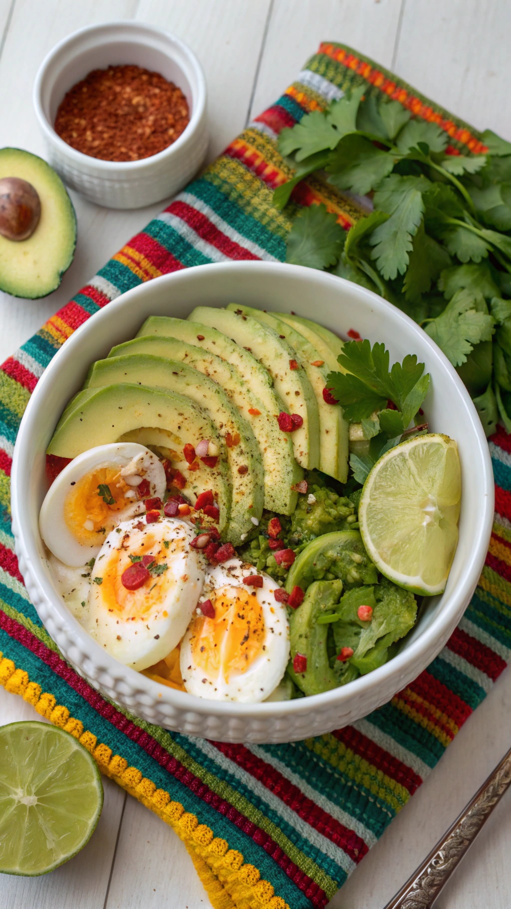 A colorful breakfast bowl featuring sliced avocado, boiled eggs, lime wedges, and fresh cilantro on a vibrant striped cloth.