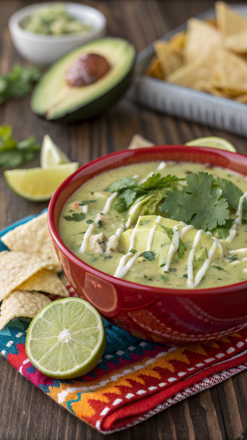 A bowl of chicken tortilla soup topped with avocado crema, cilantro, and lime, served with tortilla chips.