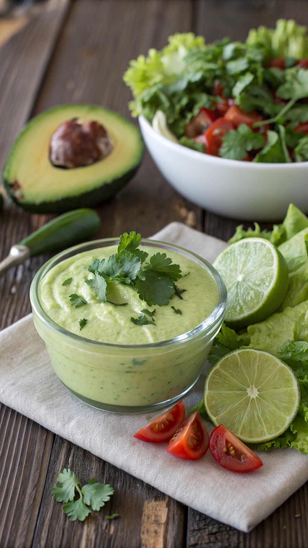 A bowl of creamy avocado lime dressing with fresh ingredients like lime, cilantro, and tomatoes nearby.
