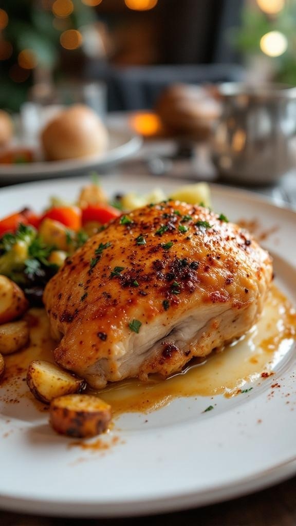 A plate of zesty baked chicken with paprika and herbs, served with colorful roasted vegetables.