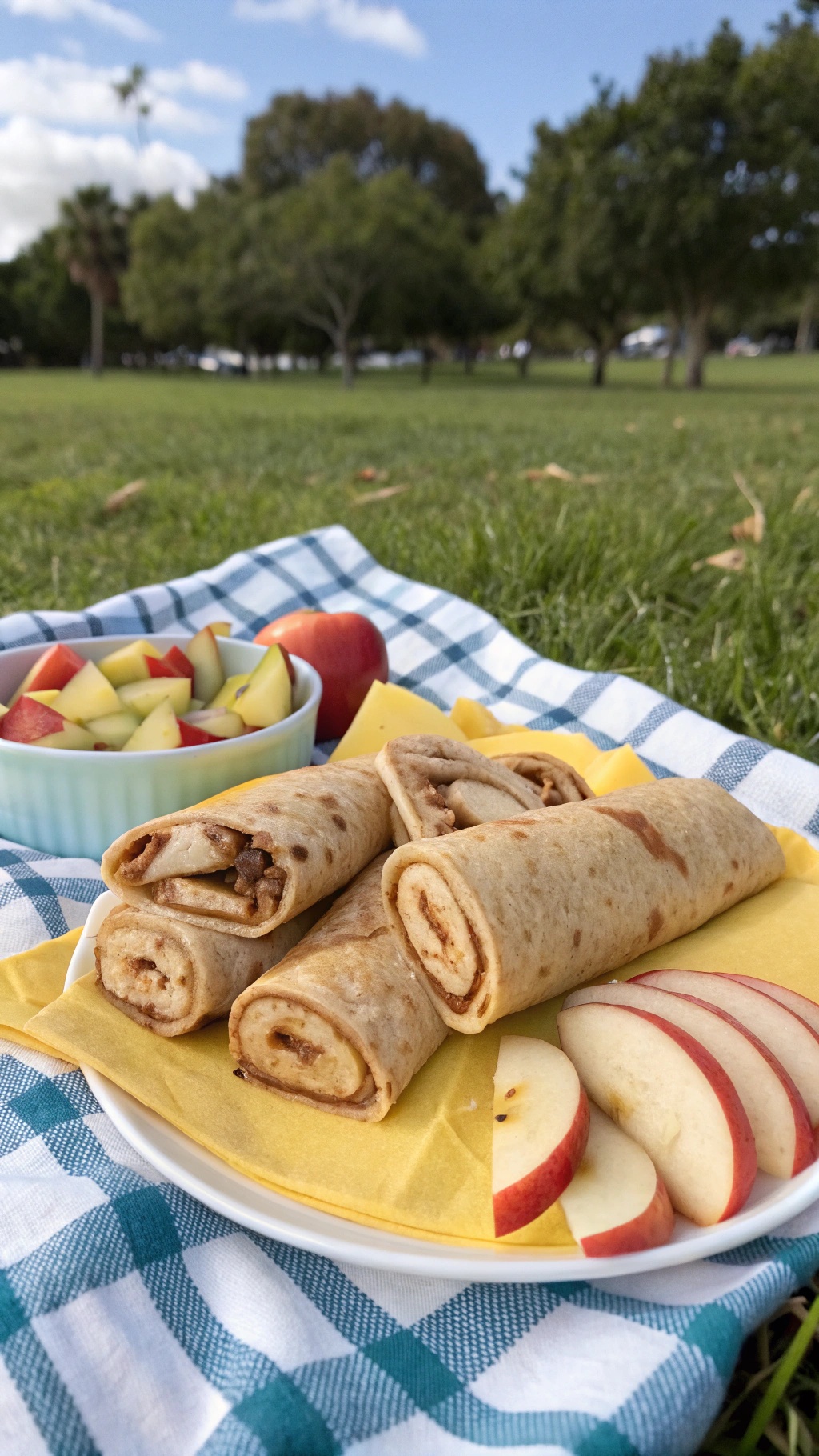 Zesty Banana and Almond Butter Wraps on a picnic blanket with apple slices