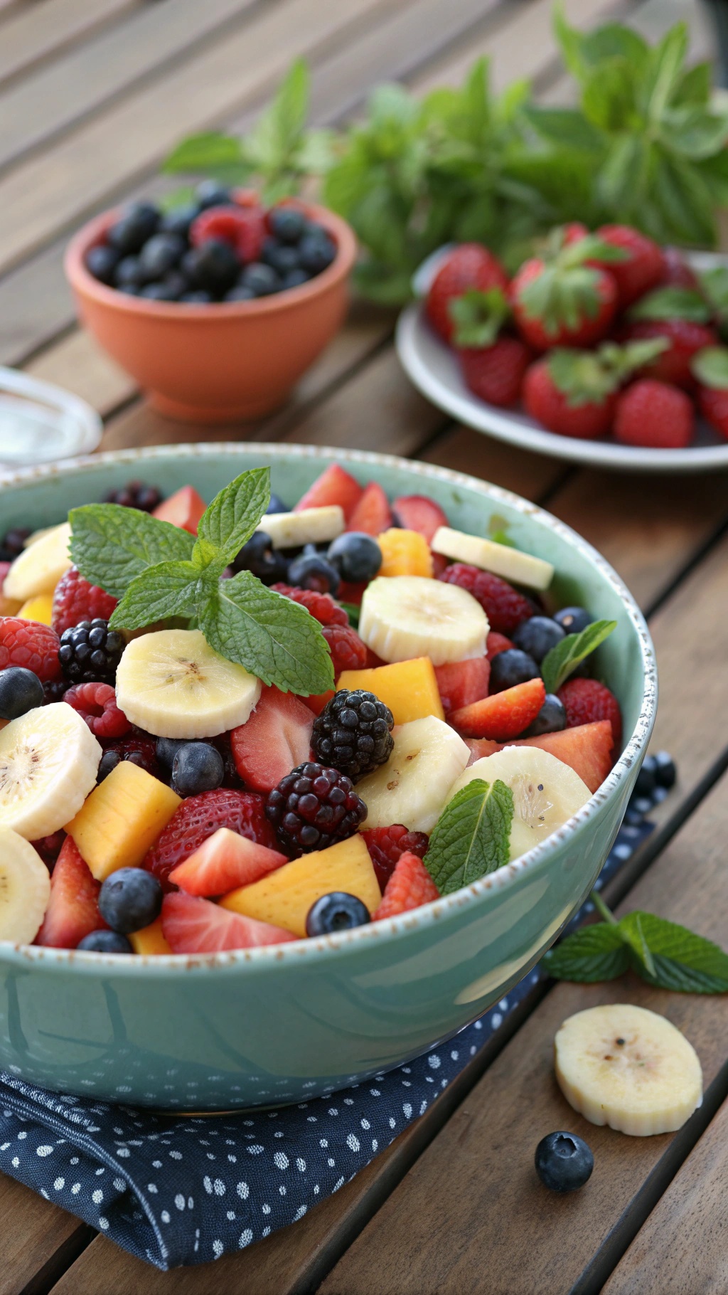 A colorful bowl of banana and berry salad with mint leaves on top, surrounded by fresh berries.