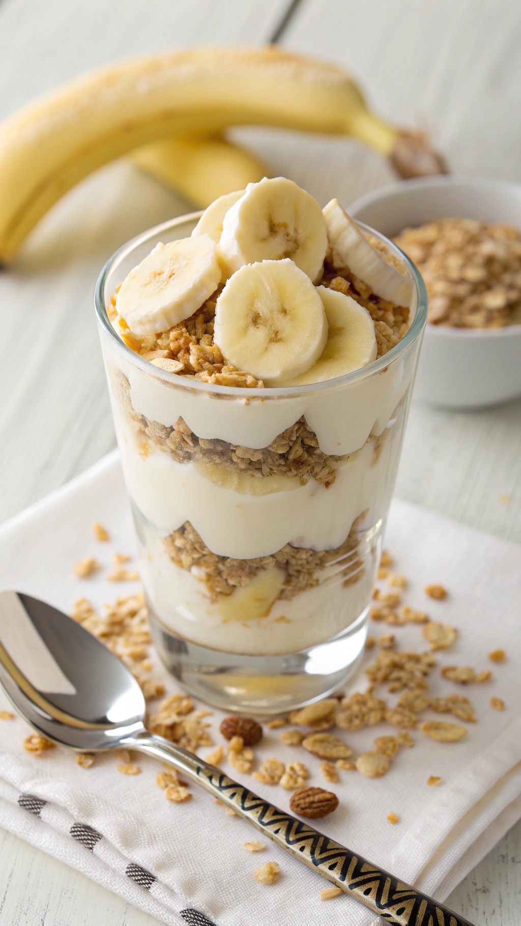 A delicious banana yogurt parfait with layers of yogurt, granola, and banana slices.