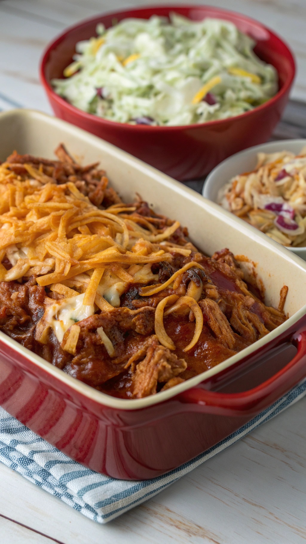 A delicious BBQ chicken casserole topped with melted cheese, served with a side salad.