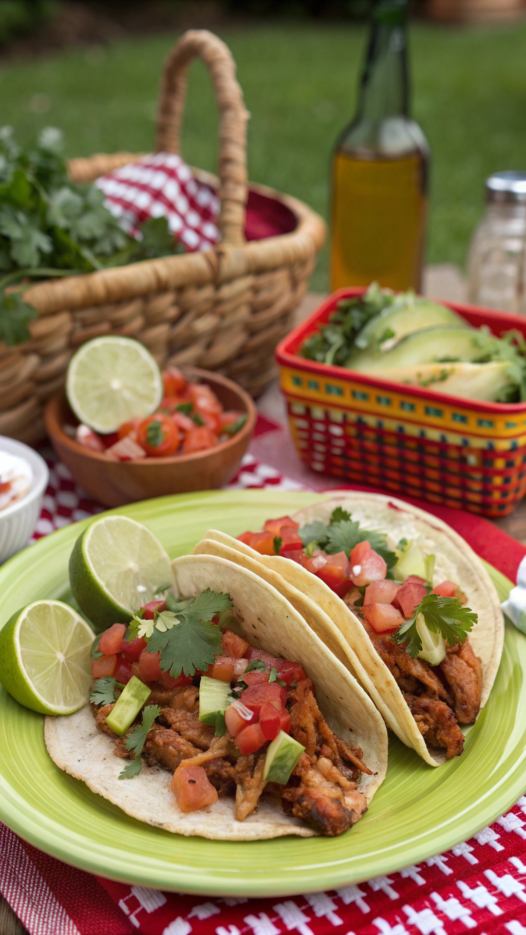 Plate of Zesty BBQ Chicken Tacos with lime wedges and fresh toppings