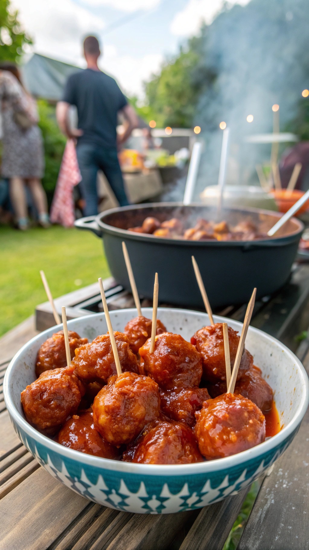 A bowl of zesty BBQ meatballs with toothpicks, ready for a party.