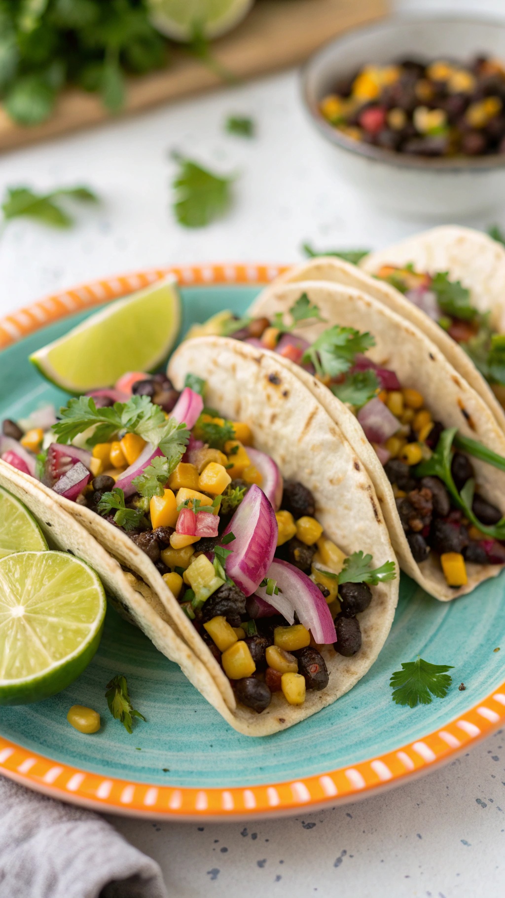 Three zesty black bean tacos with corn, lime, and cilantro on a colorful plate.