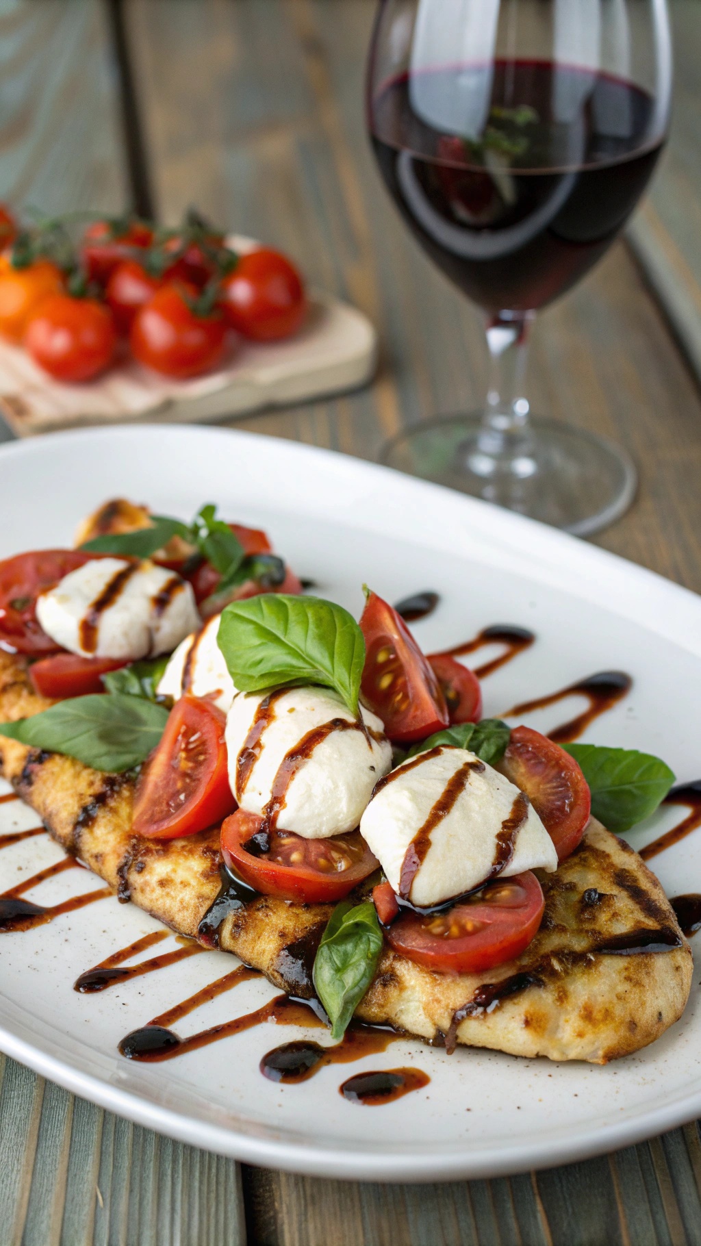 Zesty Caprese Chicken with fresh mozzarella, tomatoes, and basil drizzled with balsamic glaze.