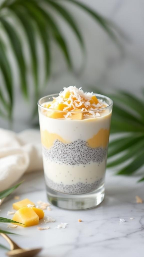 A glass of zesty chia seed pudding layered with coconut and mango, garnished with shredded coconut.