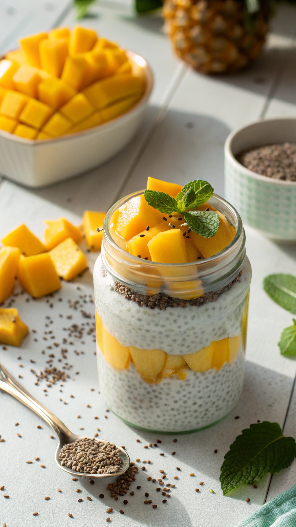 A jar of chia seed pudding layered with fresh mango and topped with mint leaves.
