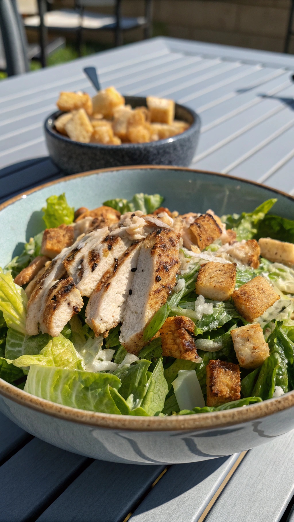 A bowl of Zesty Chicken Caesar Salad with grilled chicken, romaine lettuce, croutons, and Parmesan cheese.