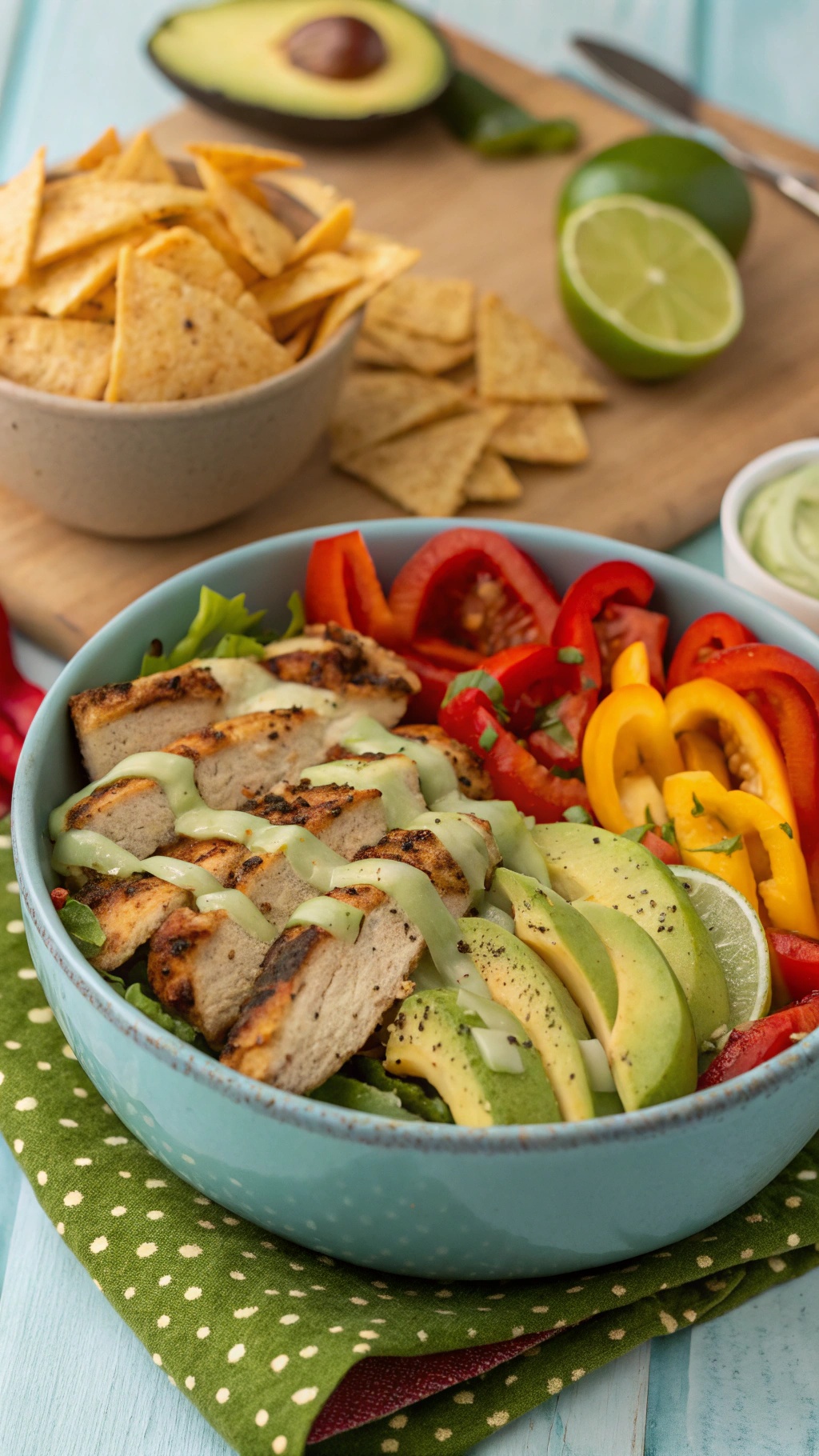 A colorful Zesty Chicken Fajita Bowl with grilled chicken, avocado, and fresh vegetables.