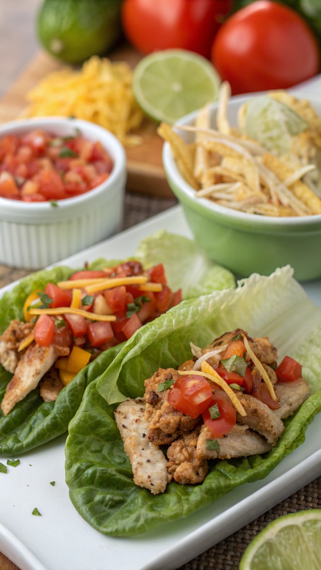 Zesty Chicken Lettuce Wrap Tacos with diced tomatoes and cheese