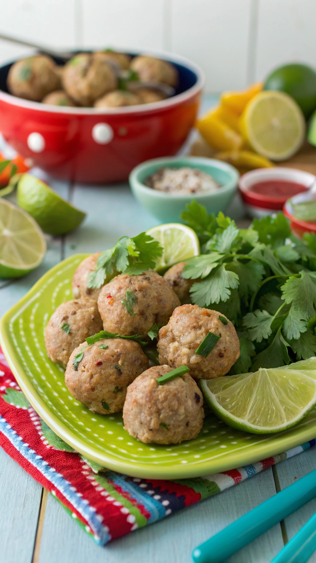 Zesty chicken meatballs garnished with cilantro and lime on a green plate