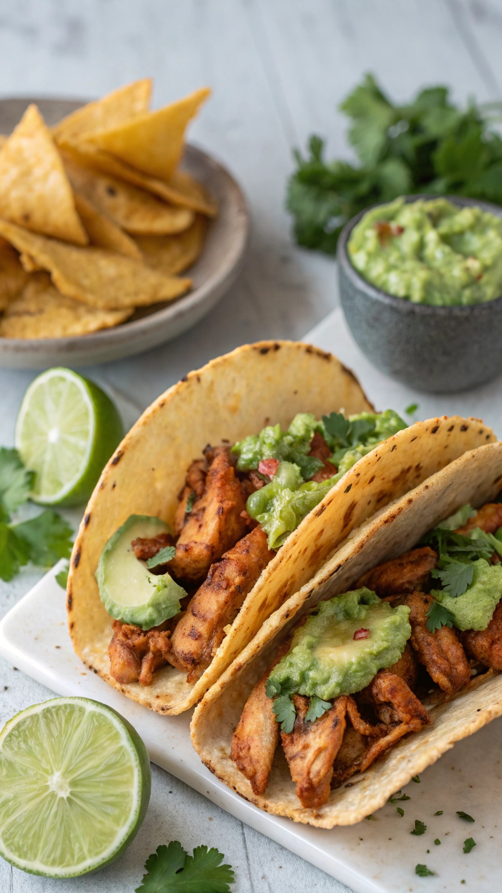 Zesty chicken tacos with avocado salsa, served with lime and tortilla chips.