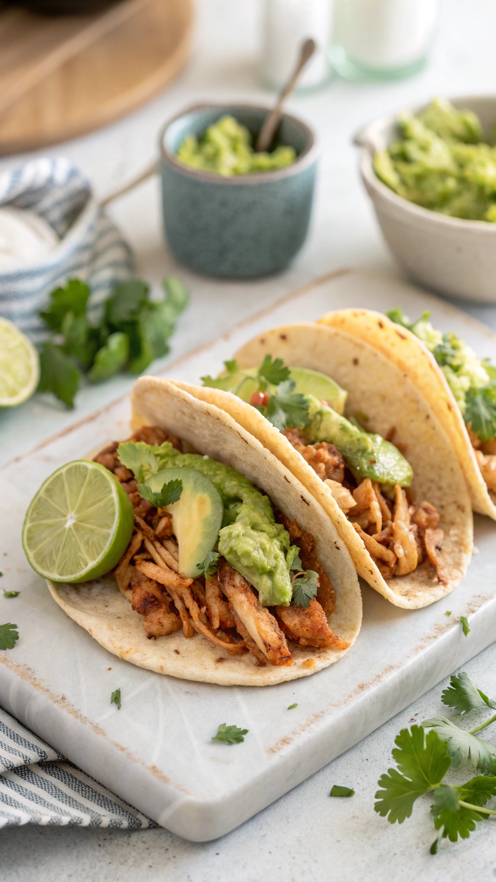 Zesty chicken tacos with avocado salsa, garnished with lime and cilantro