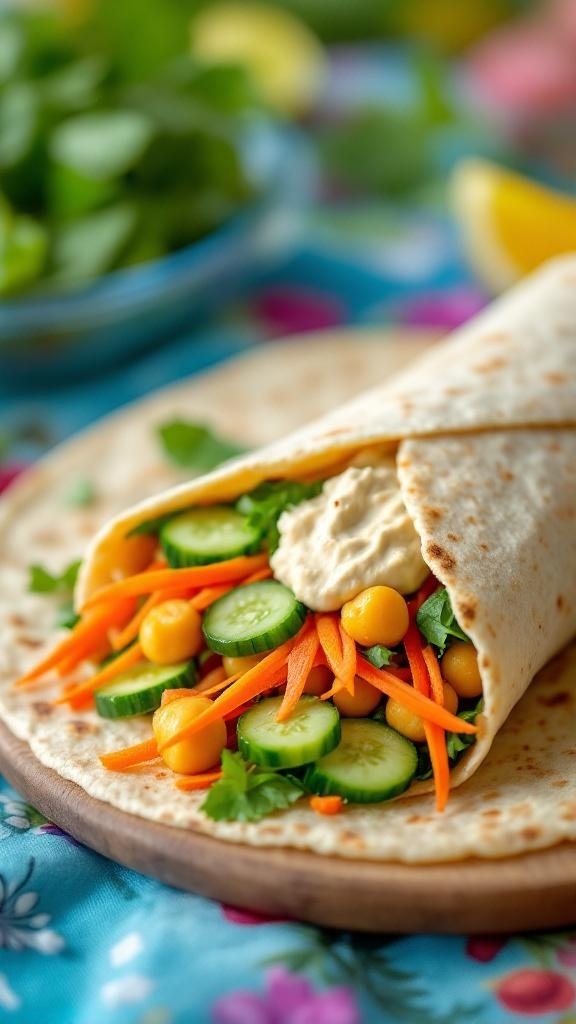 A close-up of a chickpea and spinach wrap filled with fresh vegetables, placed on a wooden board.