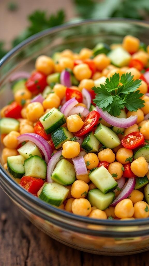 A colorful zesty chickpea salad with cucumbers, tomatoes, and red onions in a glass bowl.