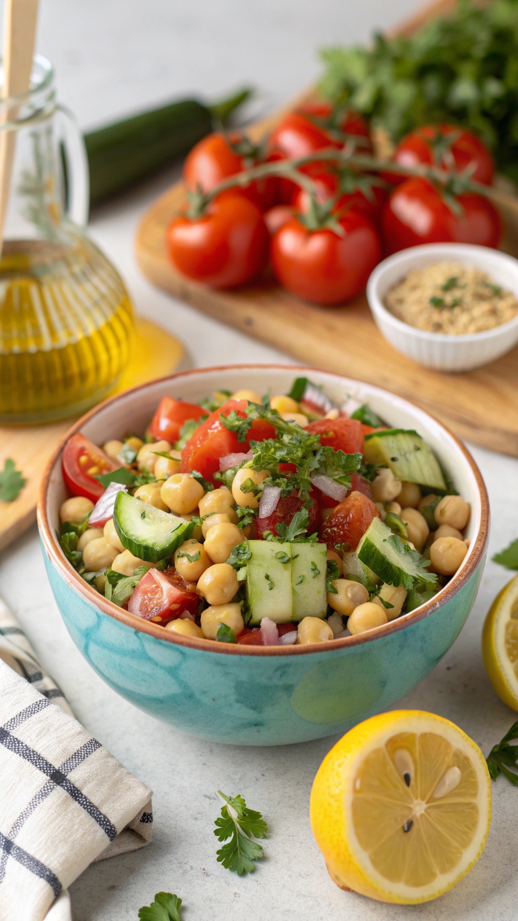 A vibrant bowl of chickpea salad with tomatoes, cucumbers, and parsley, surrounded by fresh ingredients.