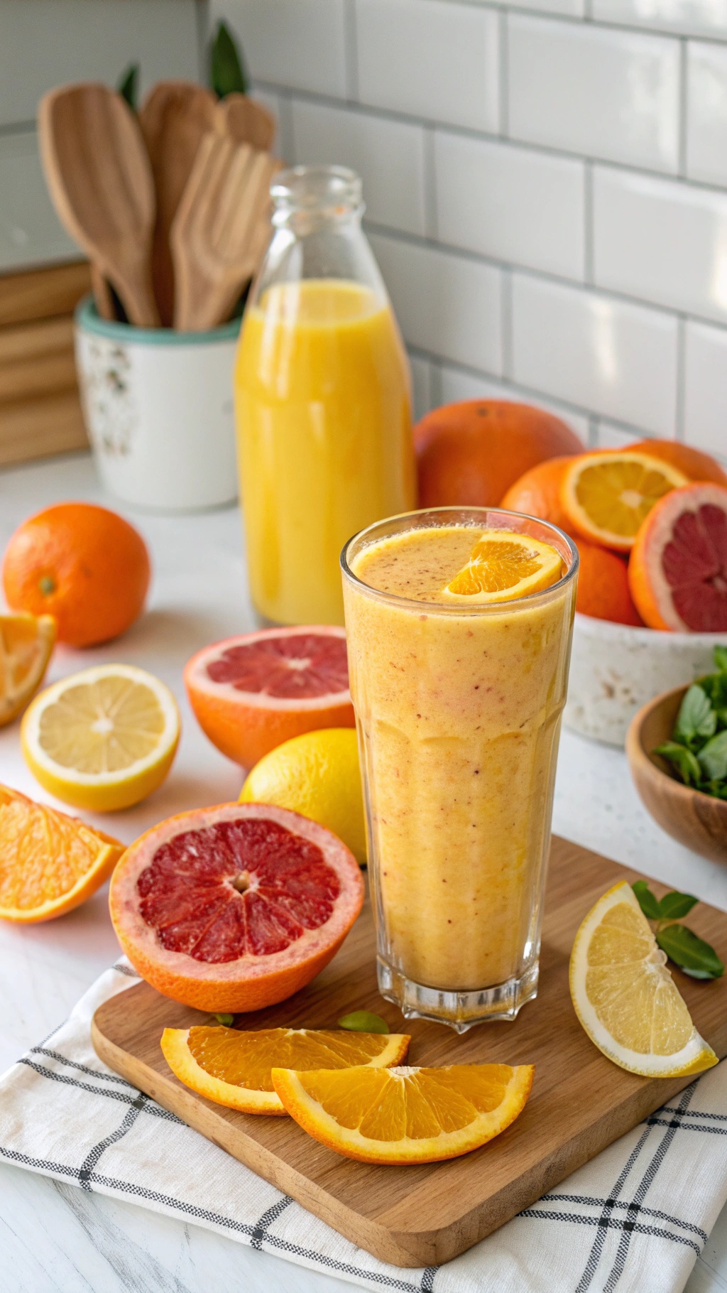 A refreshing citrus smoothie made with oranges, grapefruit, and lemon, served in a glass with fresh fruit slices around it.