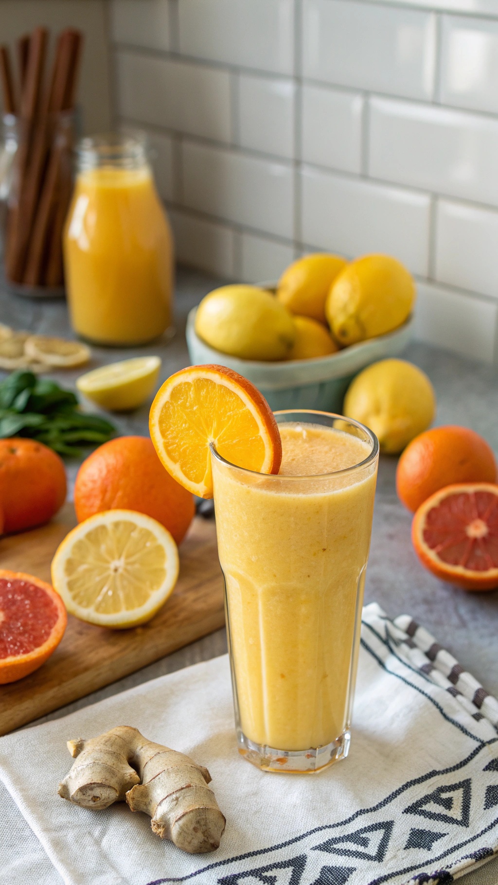A refreshing citrus ginger smoothie in a glass, surrounded by fresh citrus fruits and ginger.