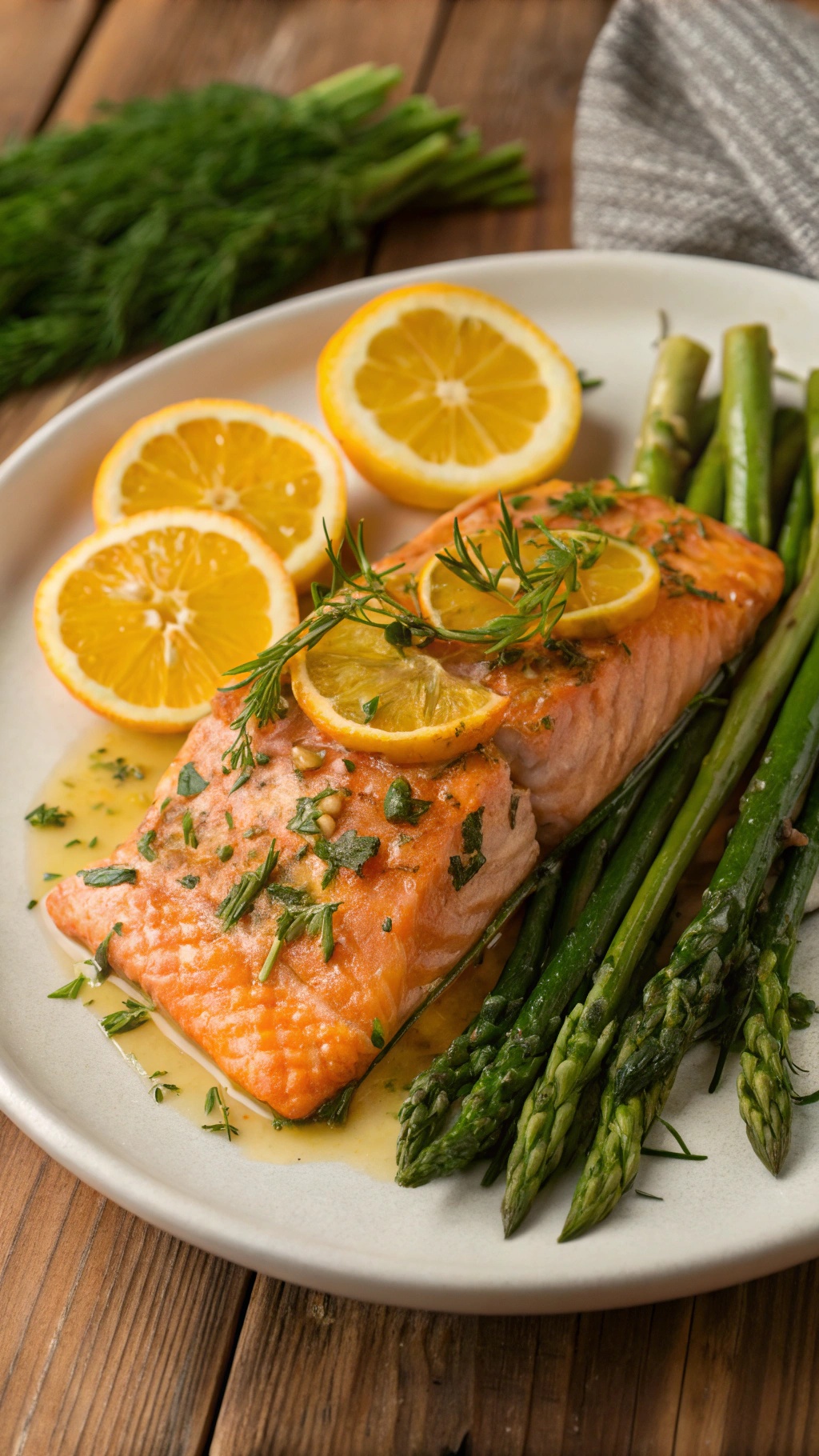 Zesty Citrus Herb Salmon with asparagus and lemon slices on a plate.