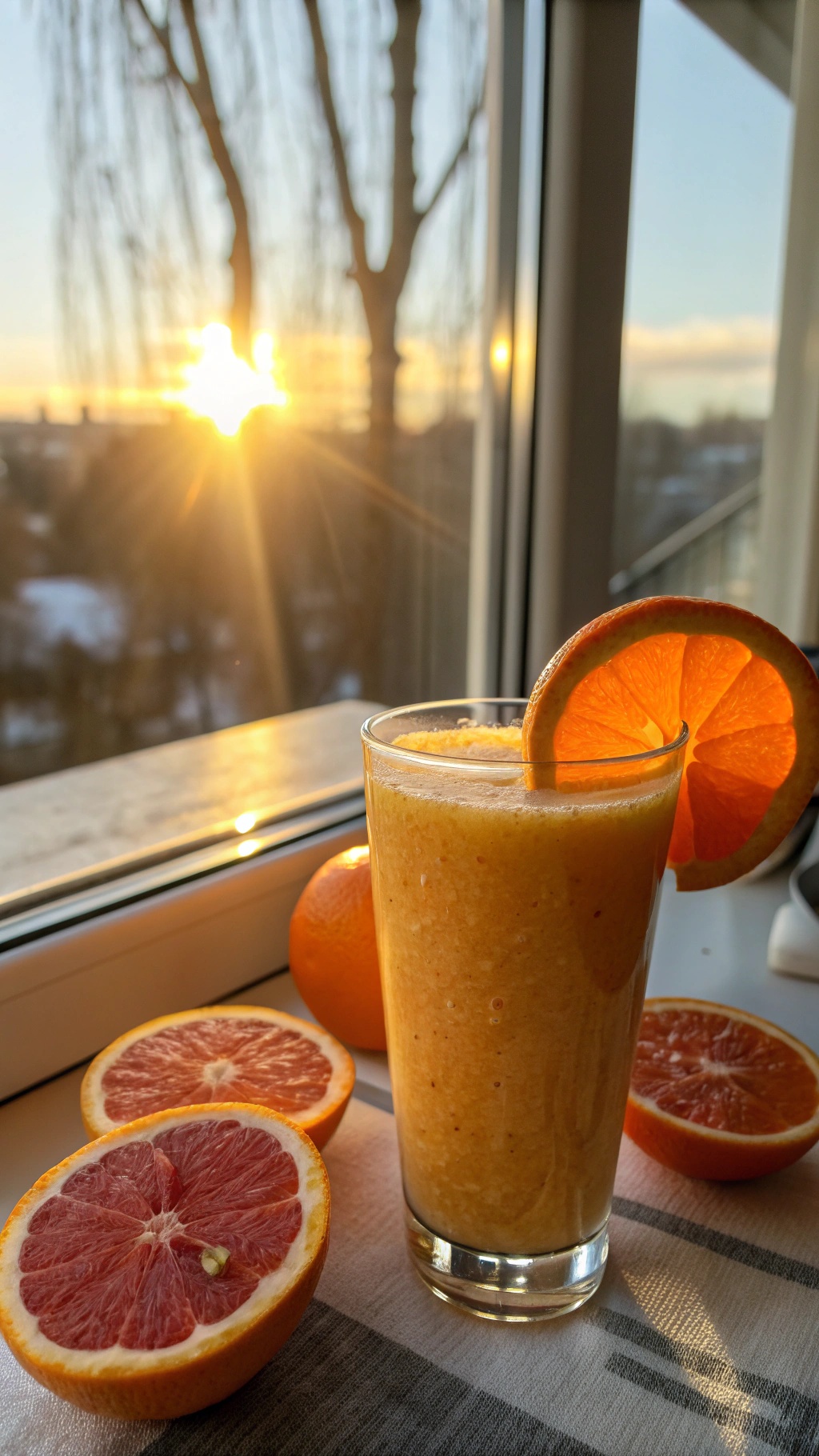A refreshing Zesty Citrus Sunrise Smoothie in a glass, garnished with an orange slice, with fresh oranges and grapefruit in the background, and a sunrise visible through a window.