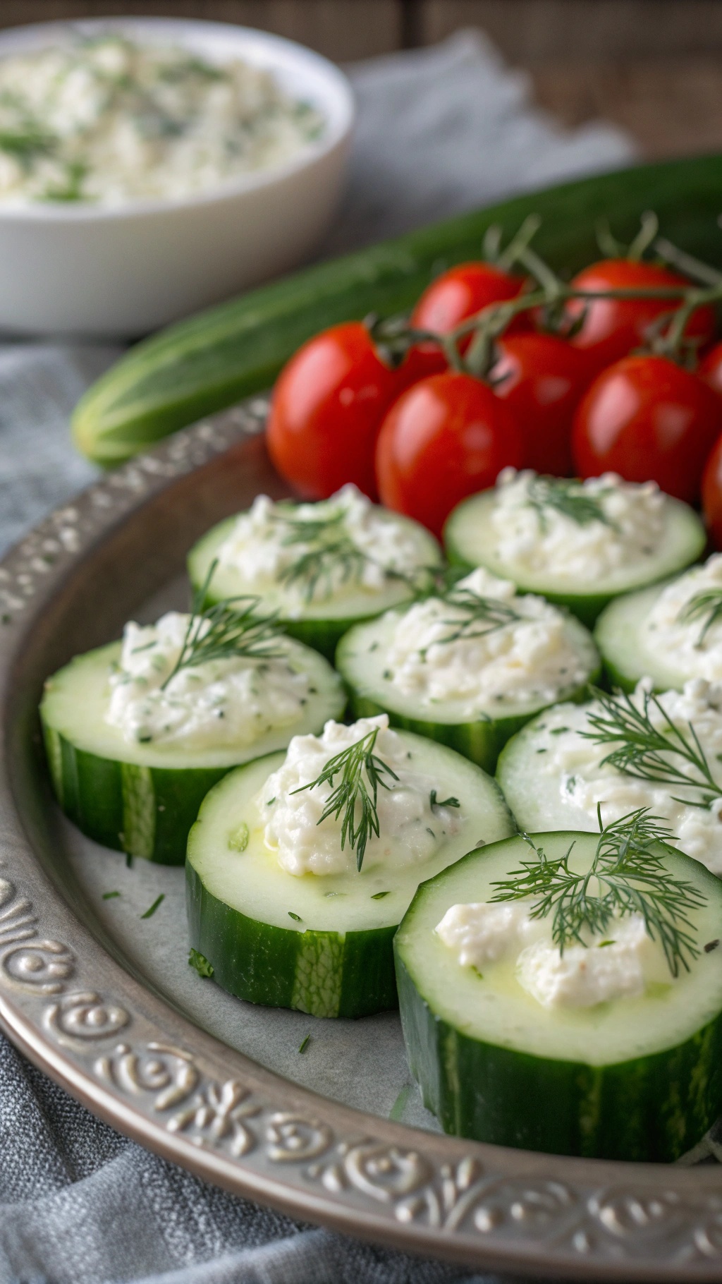 Cucumber slices topped with cream cheese and dill on a decorative platter.