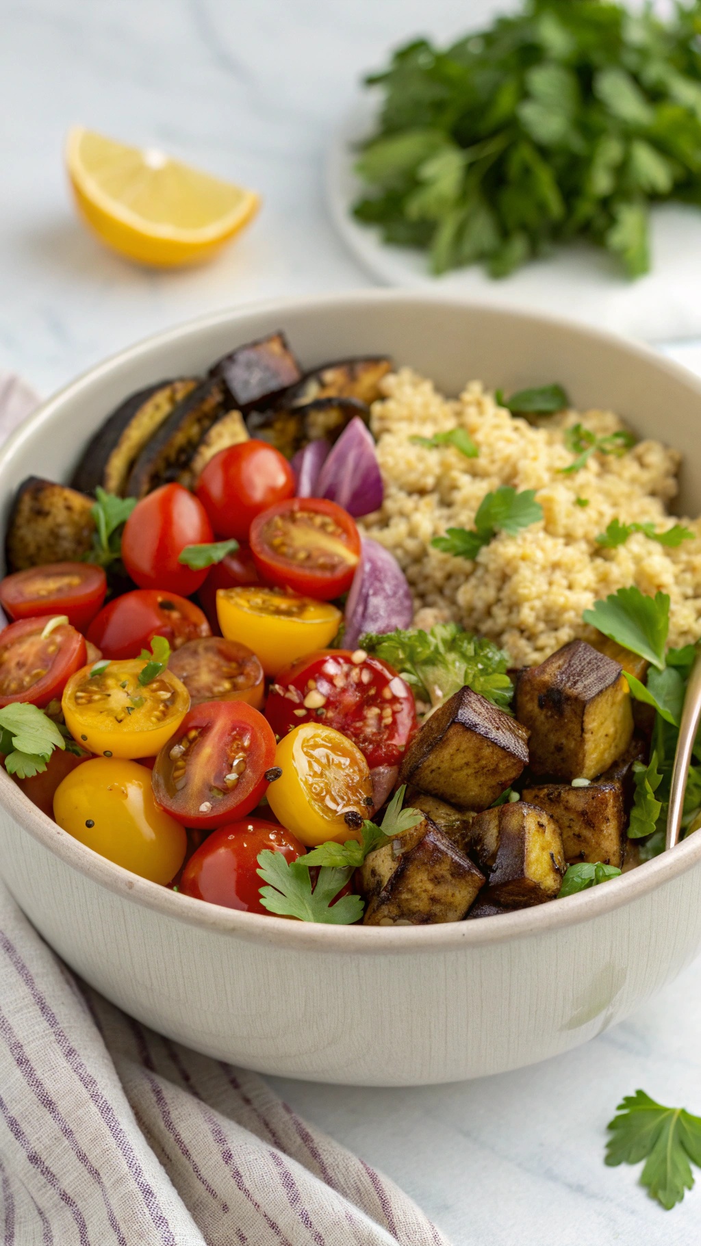 A colorful bowl of zesty eggplant and quinoa salad with cherry tomatoes and herbs.