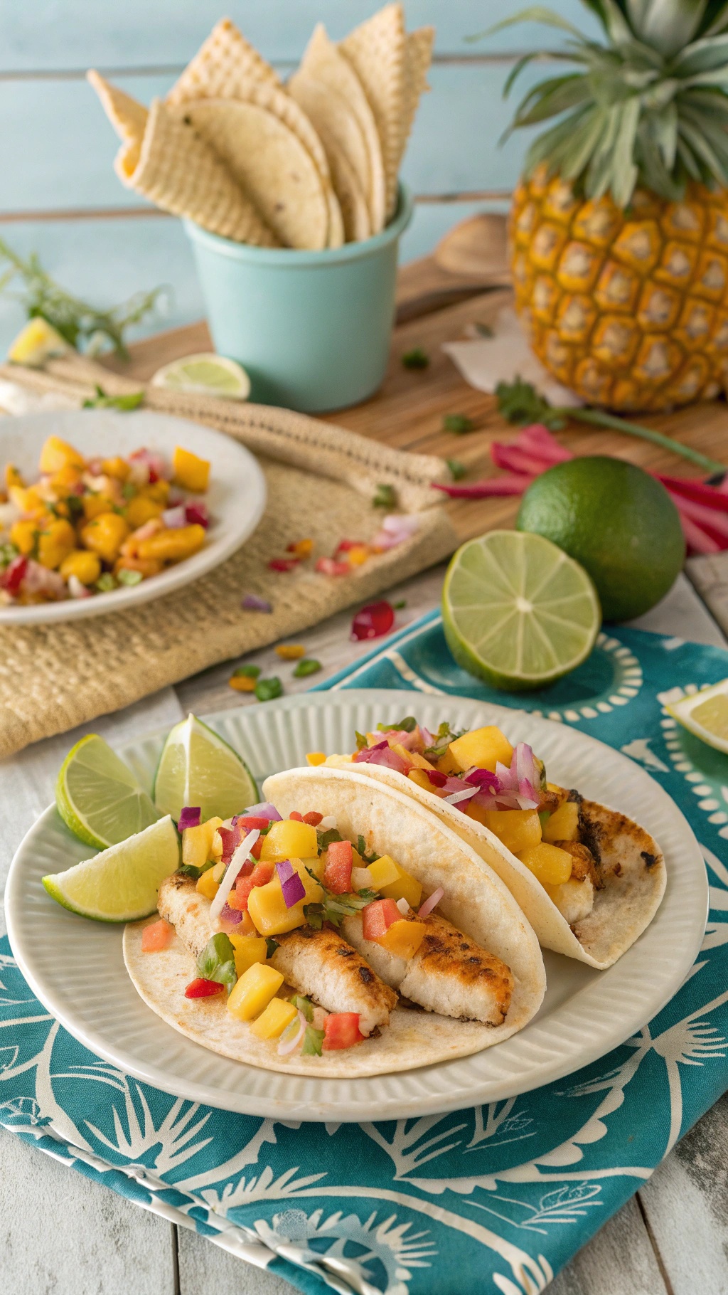 Zesty fish tacos with mango salsa on a plate with lime wedges