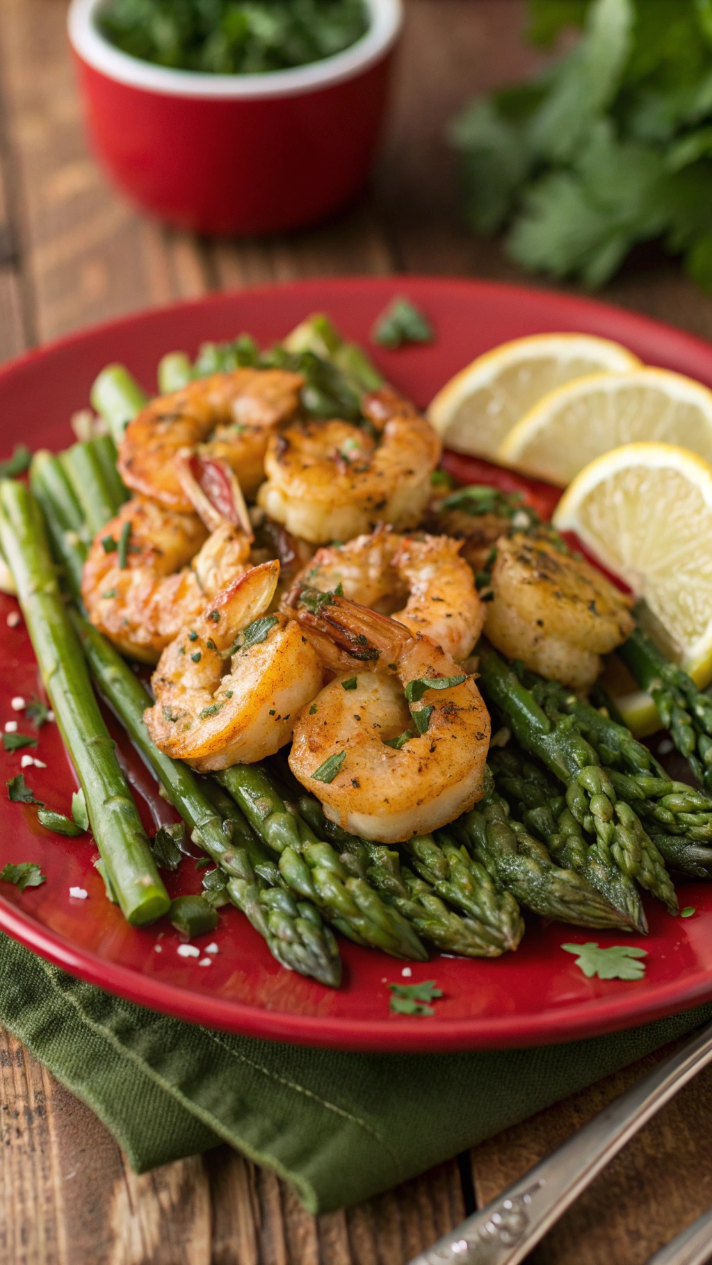 A plate of zesty garlic butter shrimp with asparagus, garnished with parsley and lemon wedges.