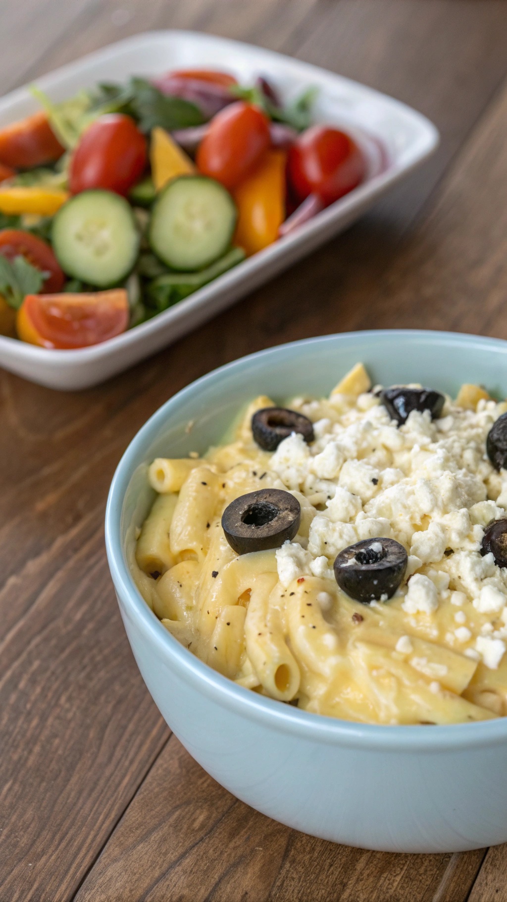 A bowl of Zesty Greek Yogurt Keto Mac and Cheese topped with olives and feta cheese, alongside a fresh salad.
