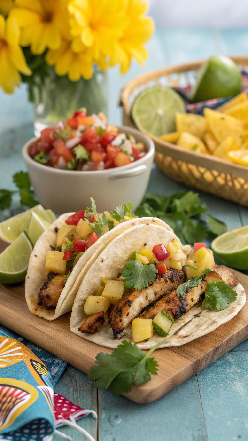 Grilled chicken and pineapple tacos with fresh toppings and lime wedges