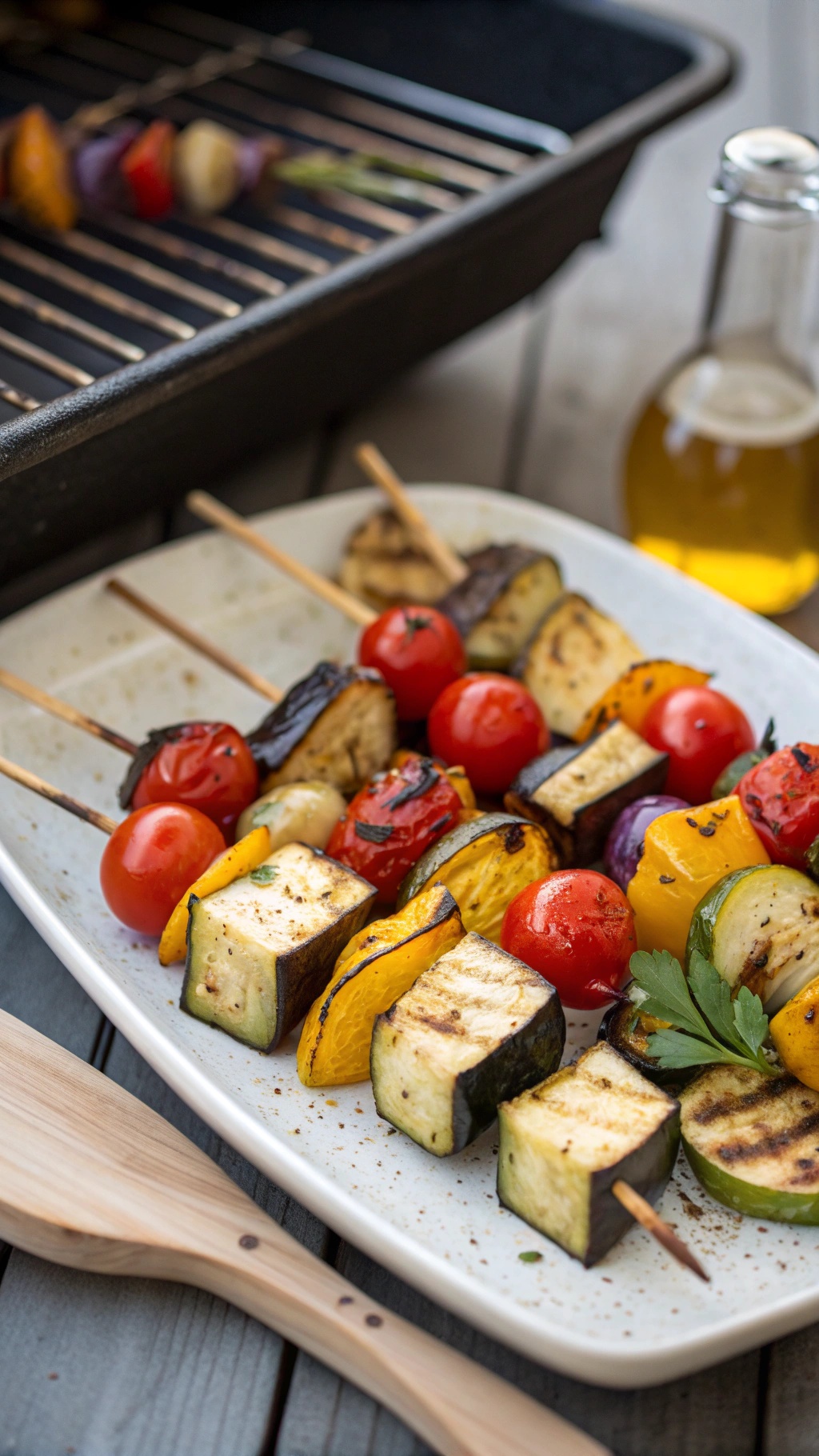 Grilled eggplant skewers with cherry tomatoes and bell peppers on a plate.