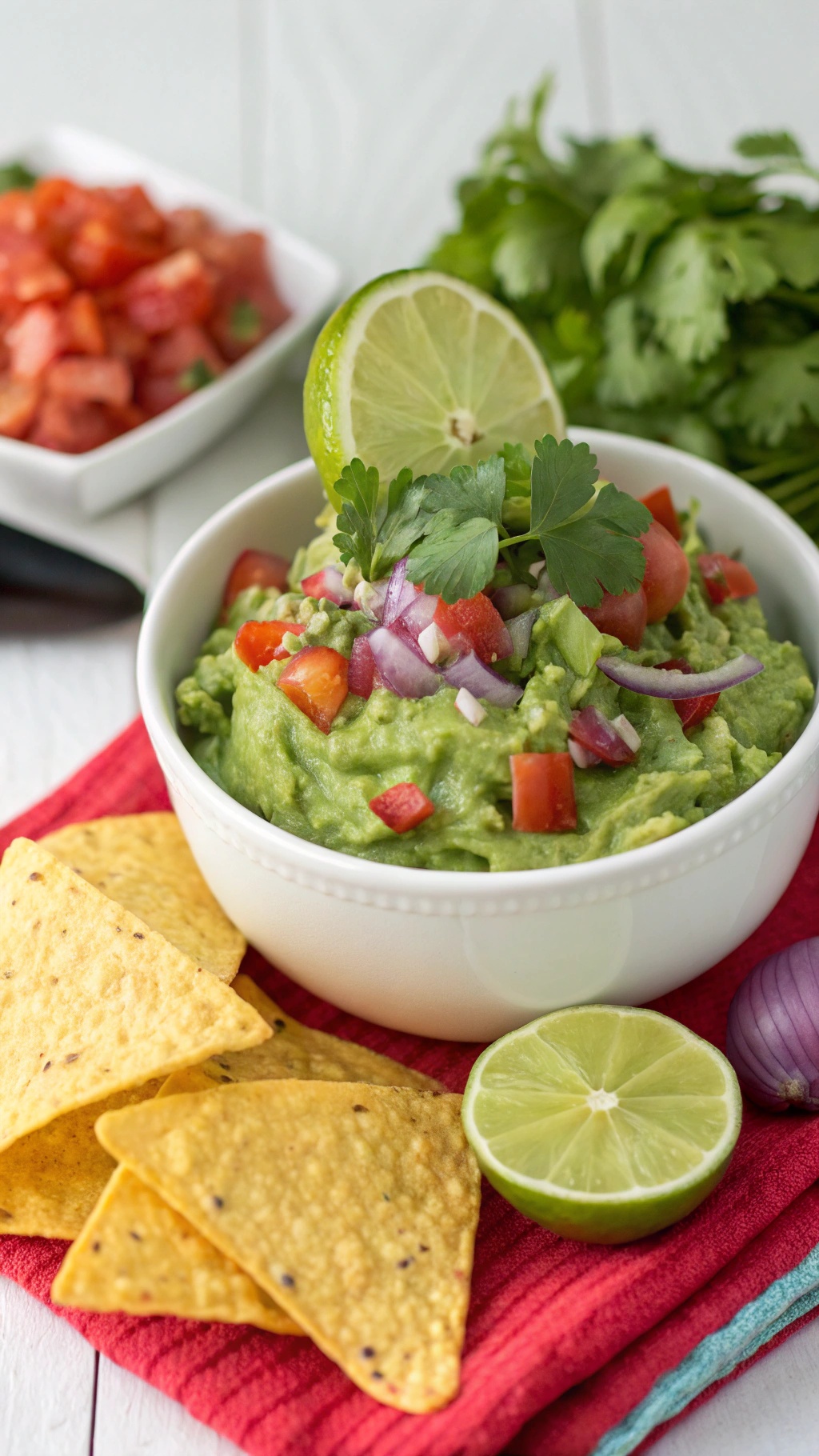 A bowl of zesty guacamole with tortilla chips and fresh ingredients