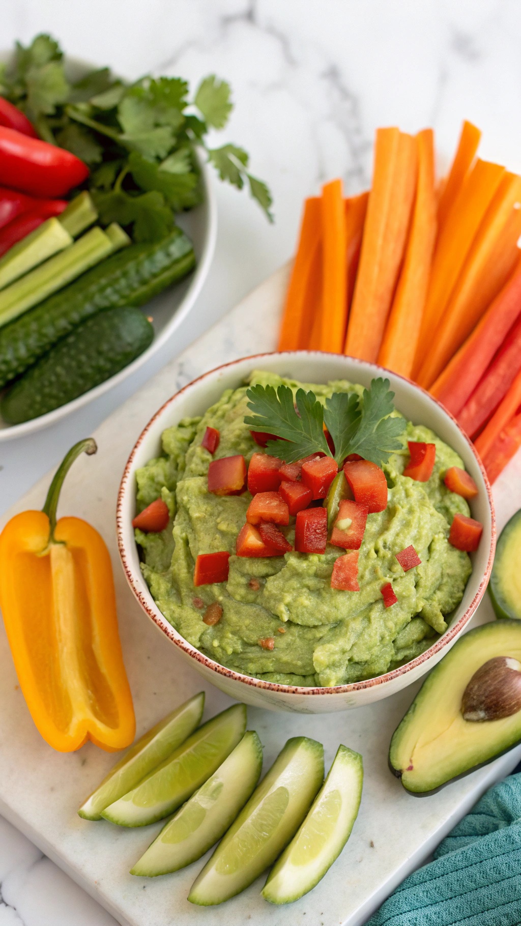 A bowl of guacamole with diced tomatoes and cilantro, surrounded by colorful veggie dippers including carrots, cucumbers, and bell peppers.