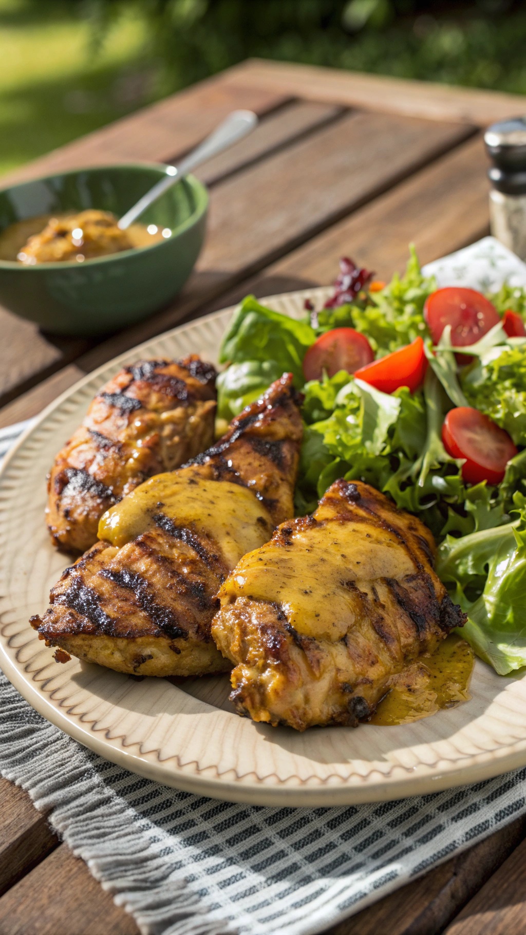 Grilled chicken thighs with honey mustard sauce served with a fresh salad.