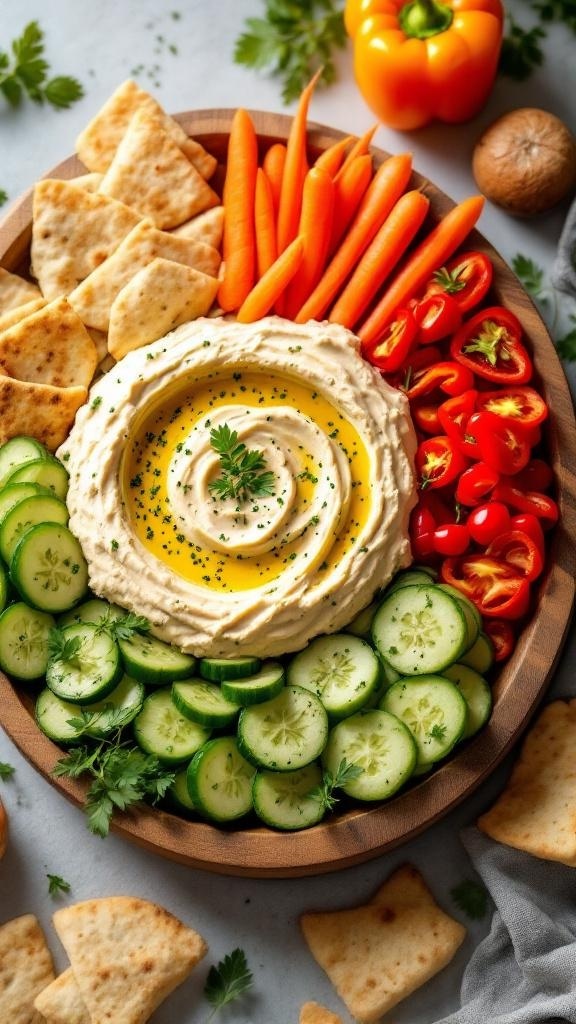 A colorful platter featuring zesty hummus surrounded by fresh vegetables like carrots, cucumbers, and cherry tomatoes, along with pita chips.