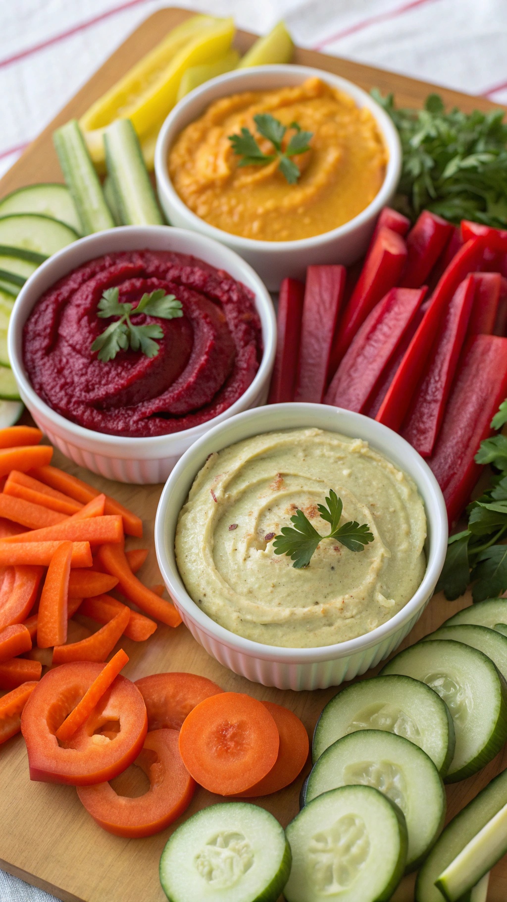 A colorful platter featuring three types of hummus in bowls with fresh vegetables.