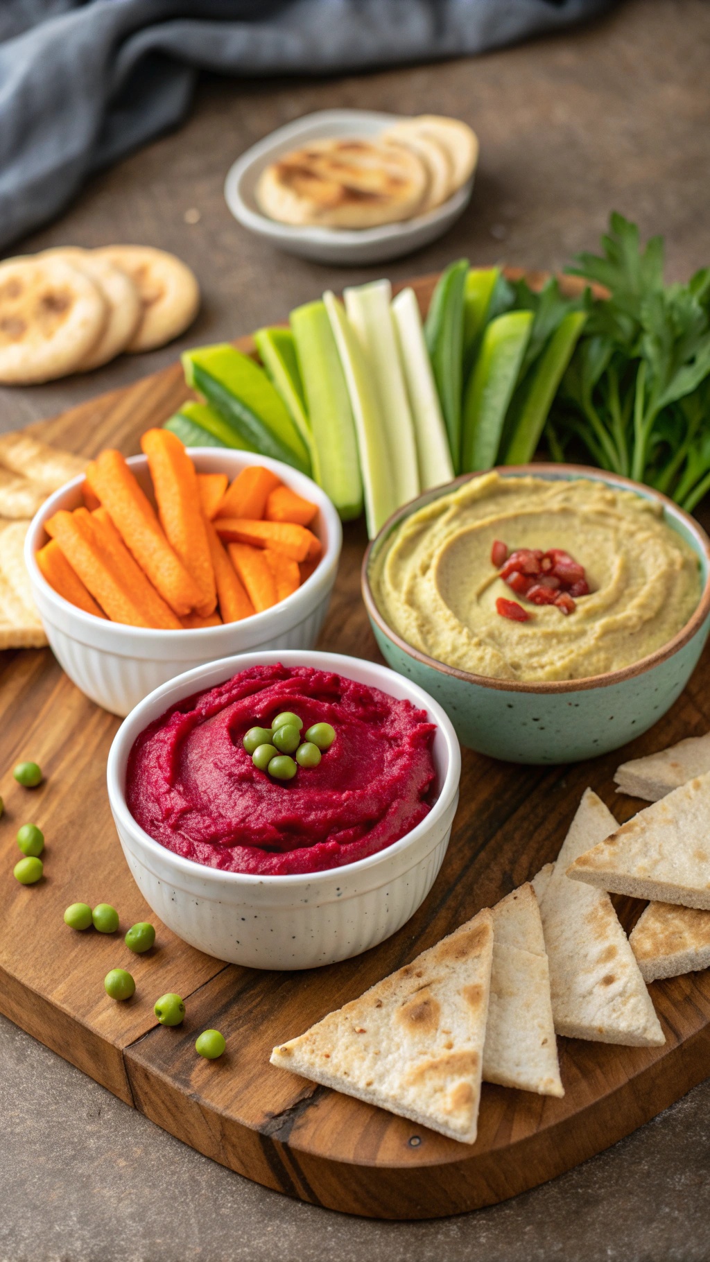 A wooden board with three bowls of colorful hummus variations: beet, classic chickpea, and pea, surrounded by fresh vegetables and pita chips.