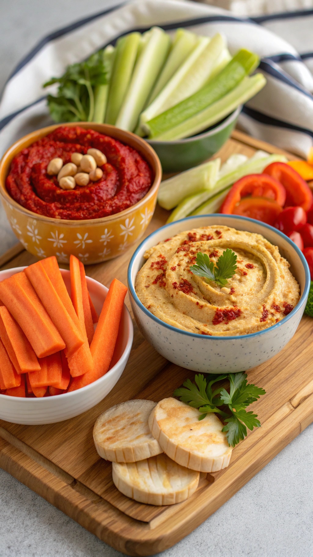A colorful platter featuring various hummus dips with fresh vegetables.